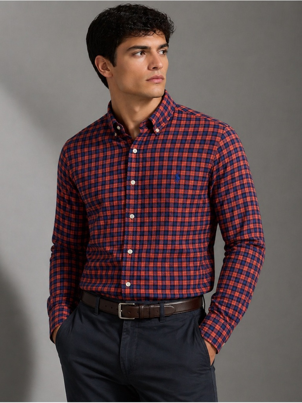 Polo Ralph Lauren Orange and Blue Gingham Plaid Button Down Shirt size L